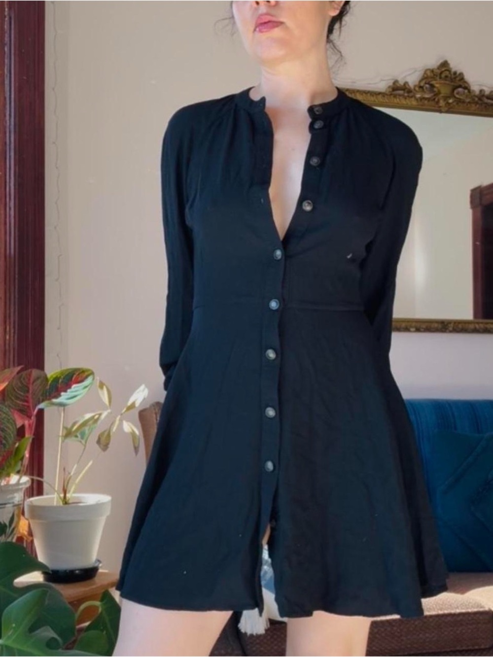 Sezane Black Button-Front Long Sleeve Mini Dress